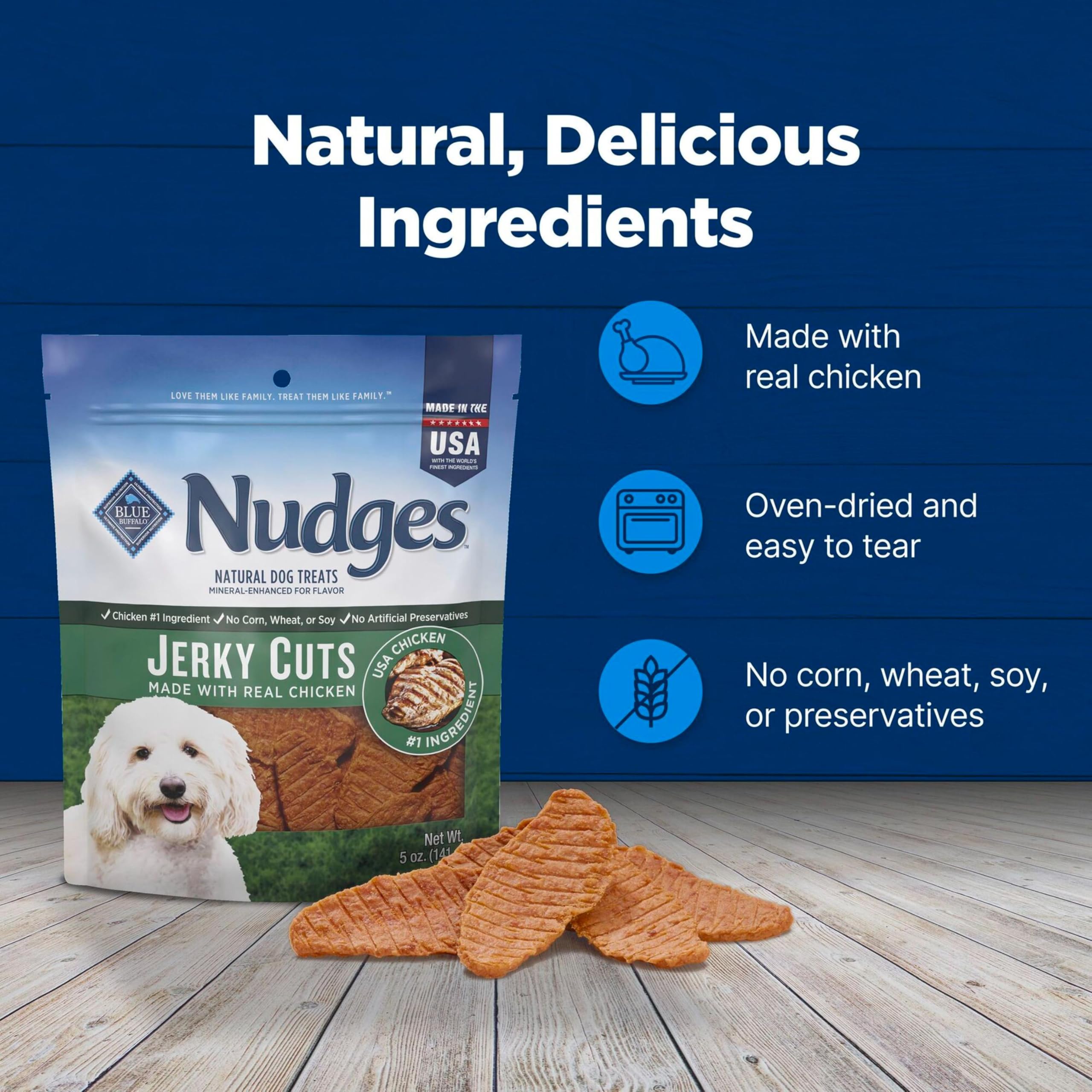 Blue Buffalo Nudges sin sabores artificiales para una experiencia natural.