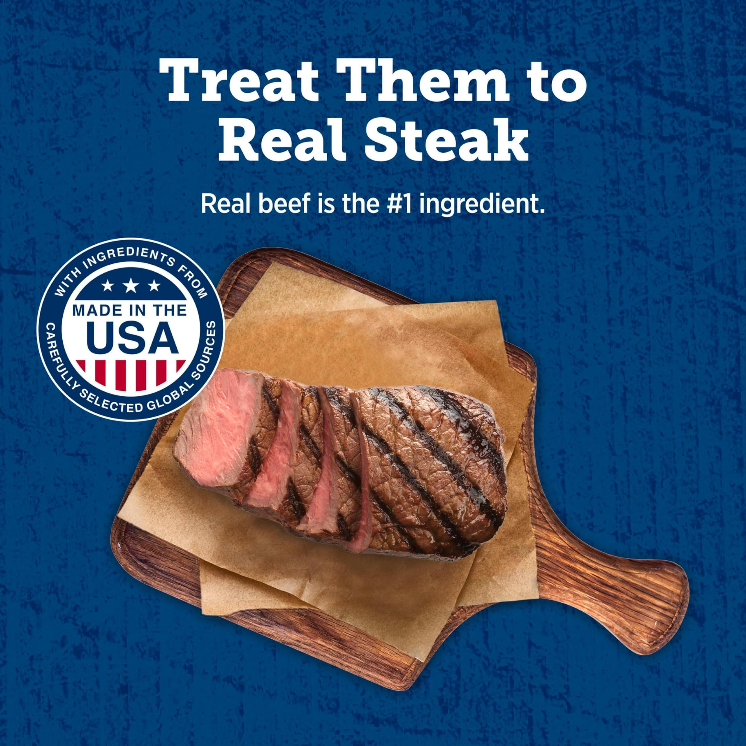 Golosinas Blue Buffalo hechas en Estados Unidos, sabor carne de res real.