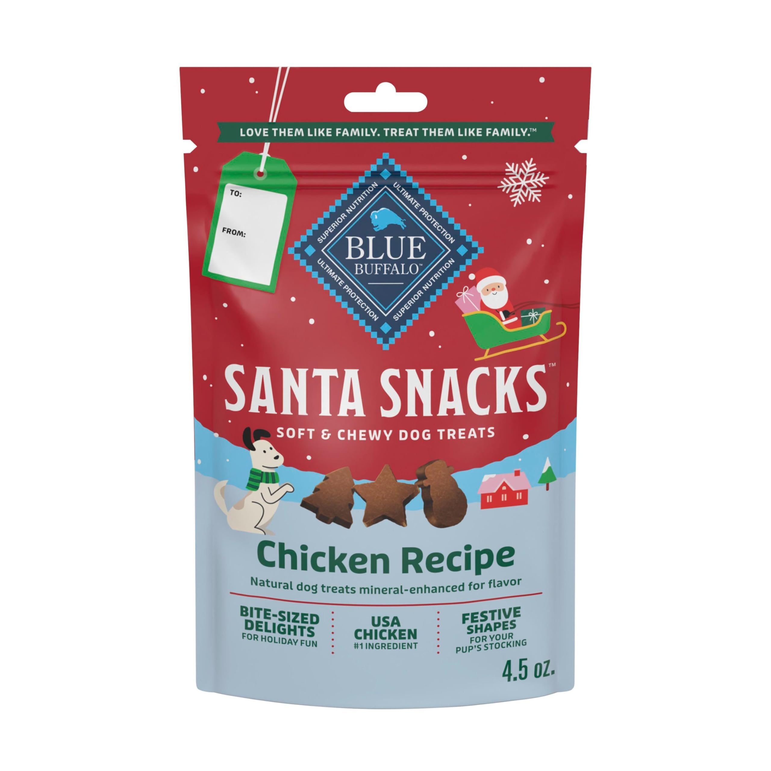 Blue Buffalo Santa Snacks, trocitos suaves de pollo real para entrenamiento.