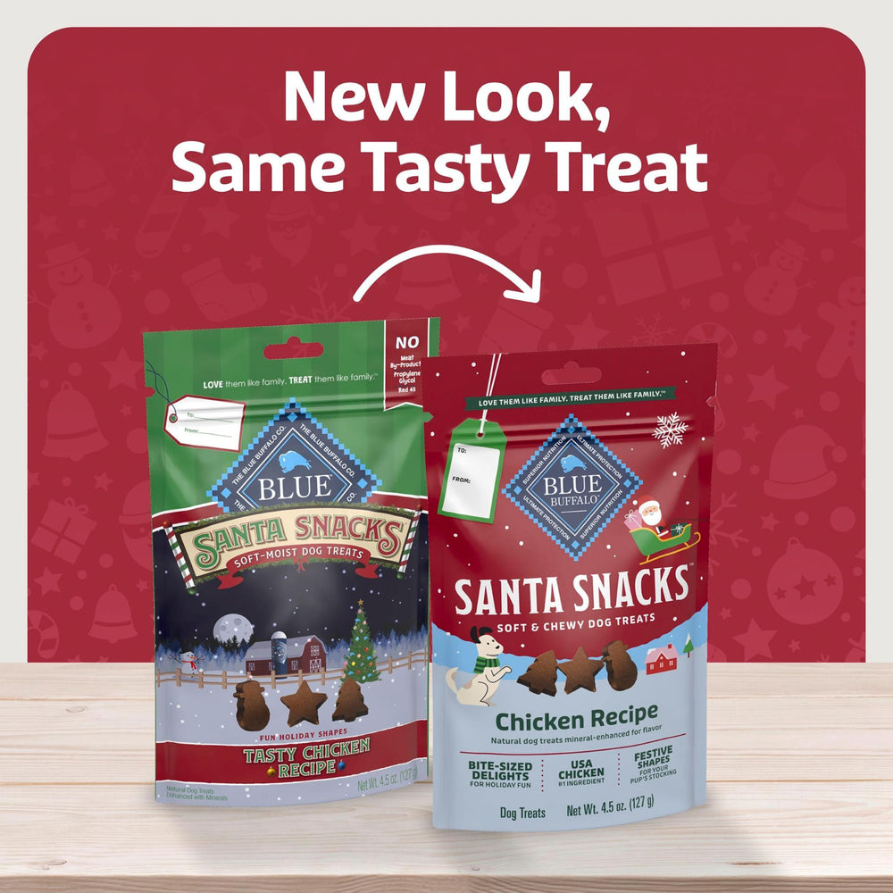 Blue Buffalo Santa Snacks, sin subproductos de pollo y sin colorantes artificiales.