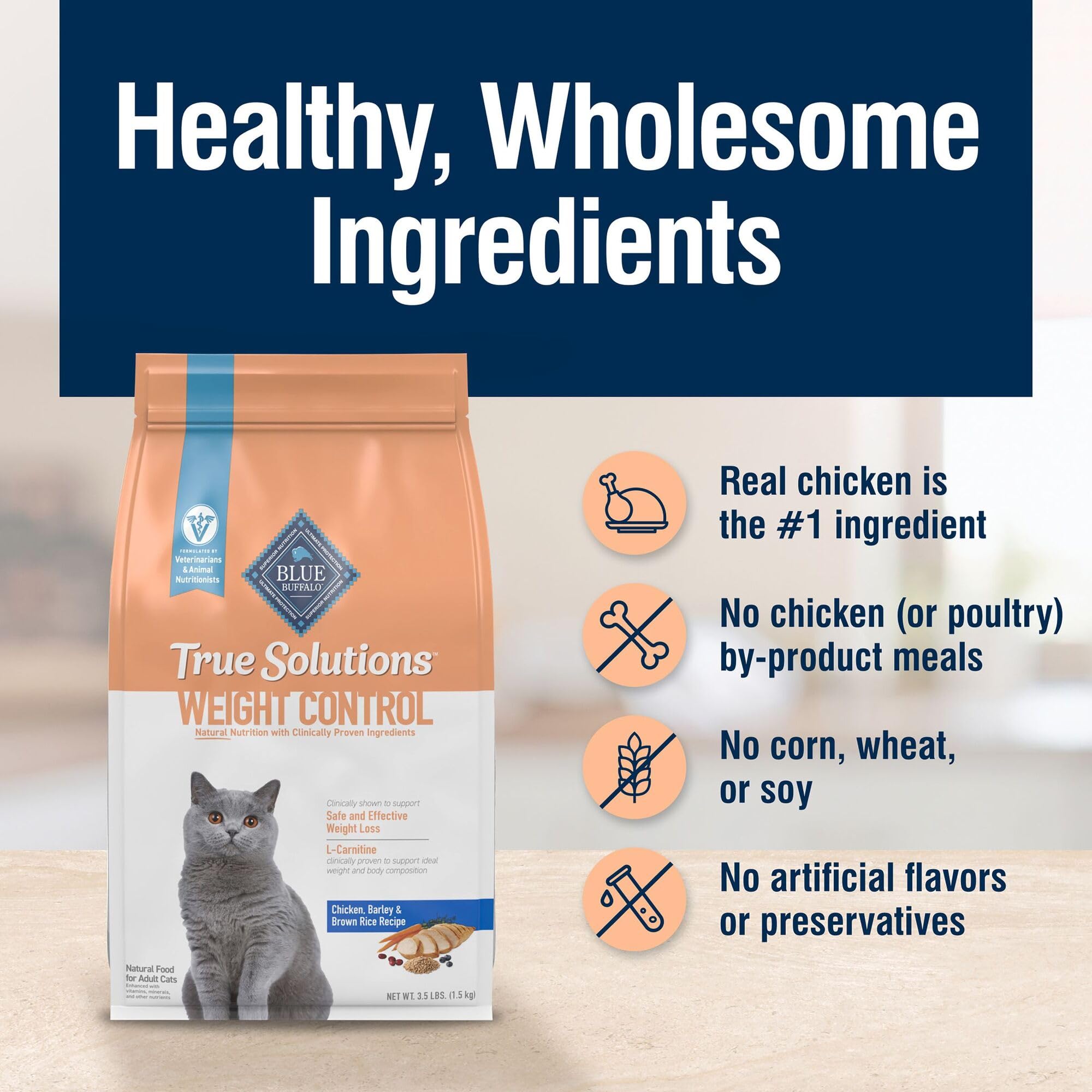 Blue Buffalo Soluciones Verdaderas: hecho en EE. UU. con ingredientes de calidad para seguridad alimentaria.