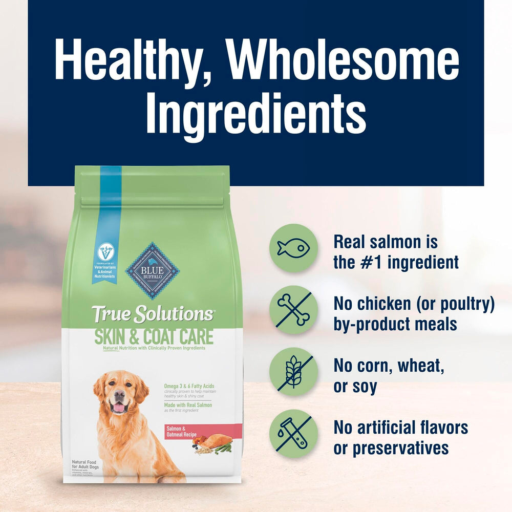 Blue Buffalo Soluciones Verdaderas, sin huevos ni lácteos para perros sensibles.