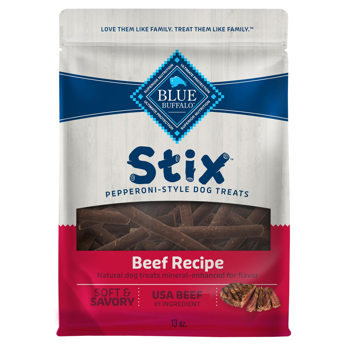 Blue Buffalo Stix carne real, primer ingrediente para sabor irresistible.