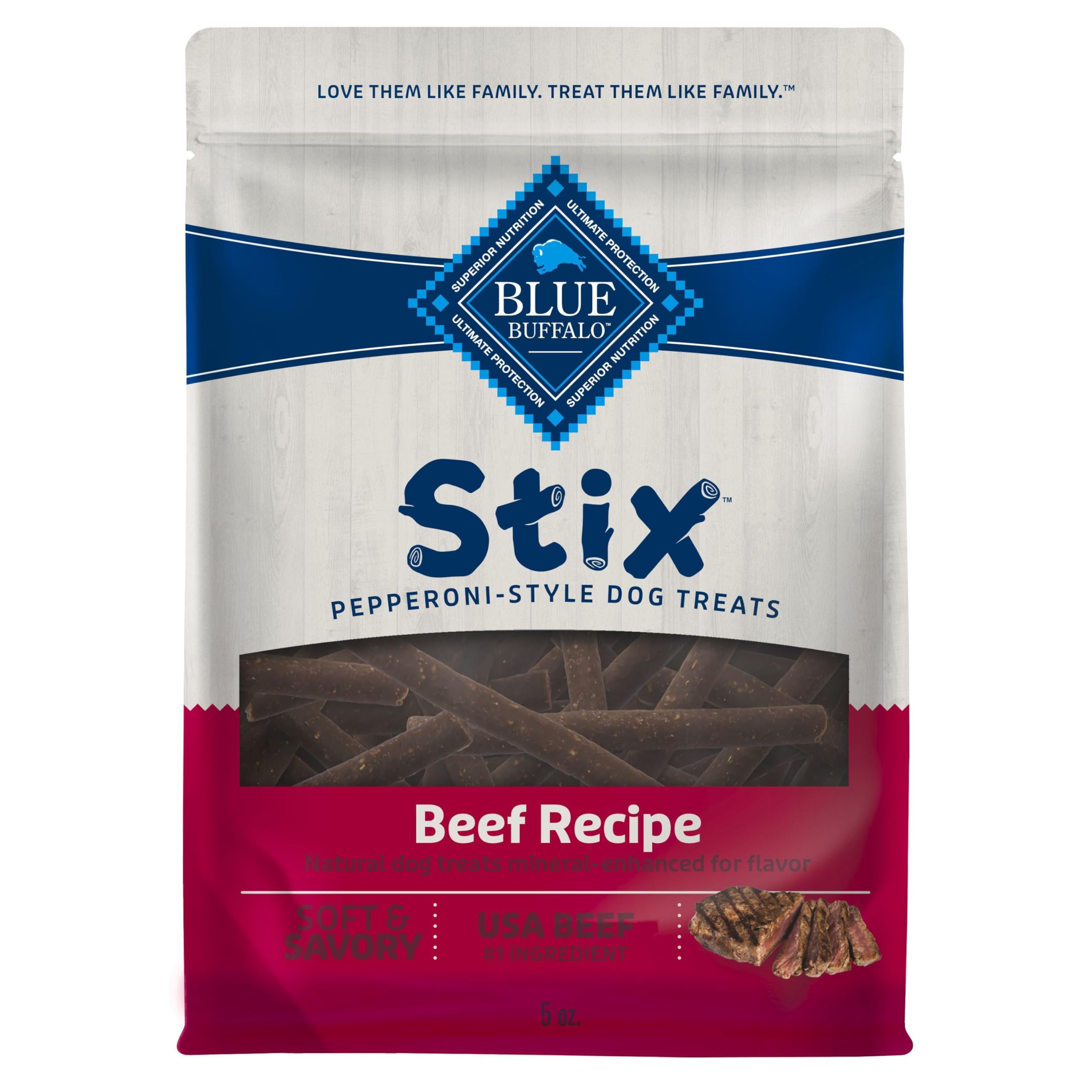 Blue Buffalo Stix envase de receta de res, snack suave para perros.