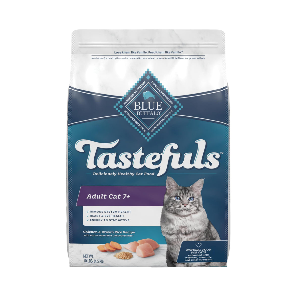 Blue Buffalo Tastefuls bolsa de 10 lb con croquetas de pollo para gatos adultos.