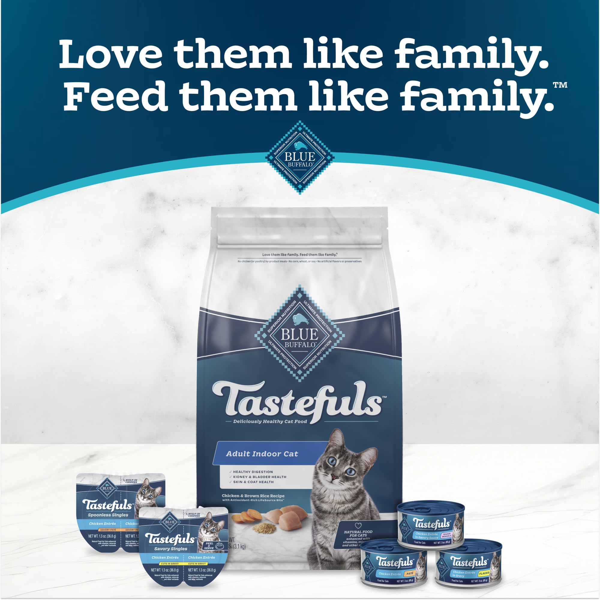 Blue Buffalo Tastefuls: ingredientes naturales sin subproductos ni conservantes.