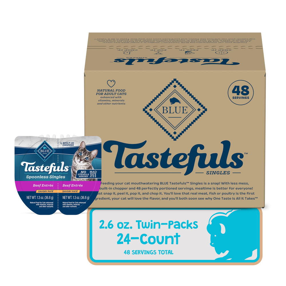 Blue Buffalo Tastefuls cuchilla integrada en tapa para servir fácilmente.