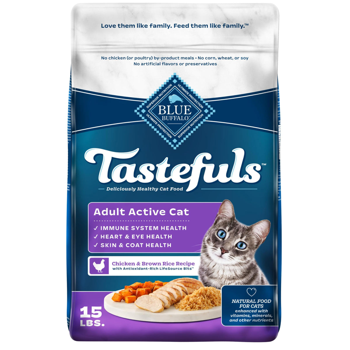 Blue Buffalo Tastefuls frente de envase, alimento seco para gatos activos, sabor natural.