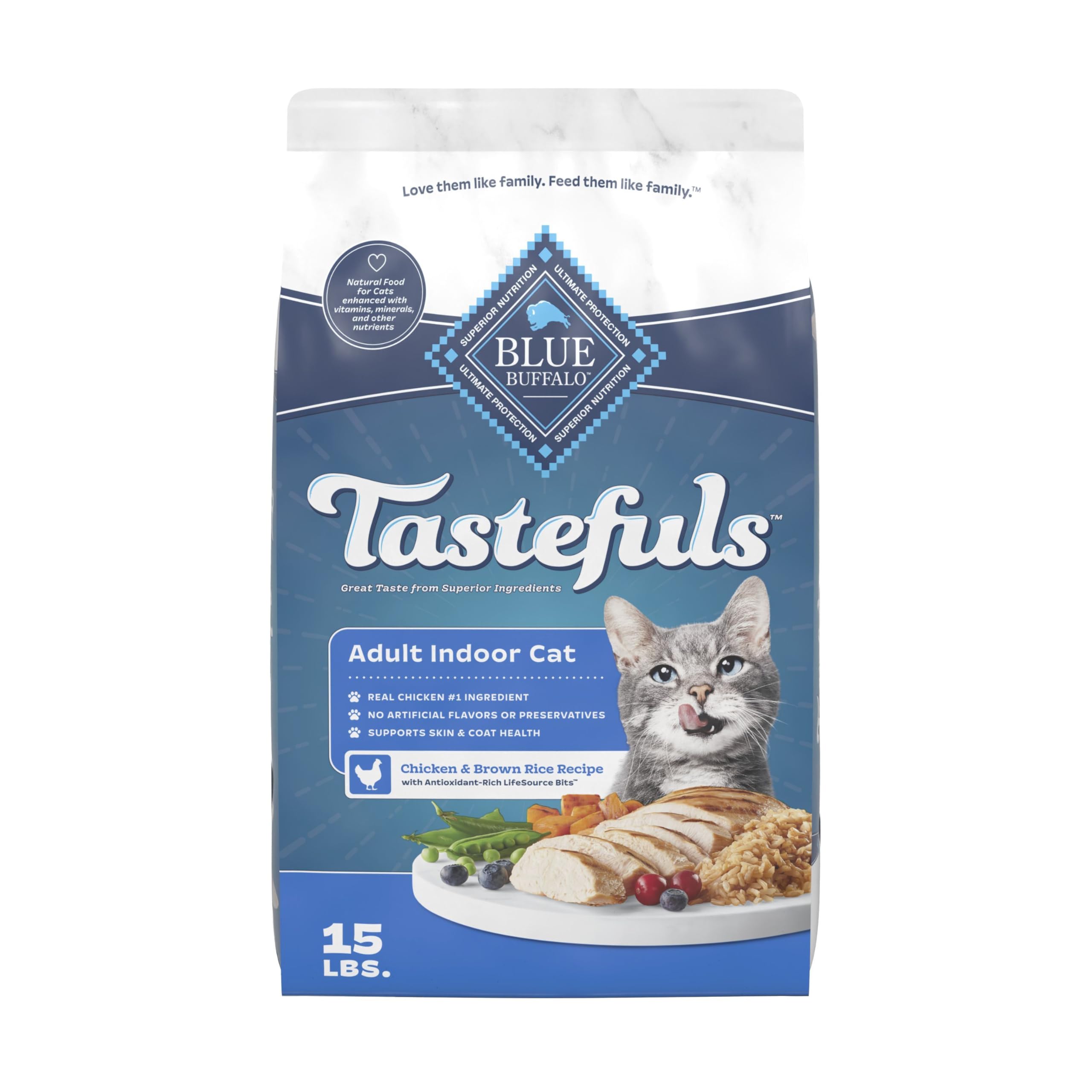 Blue Buffalo Tastefuls para gatos de interior, pollo y arroz como proteína principal.