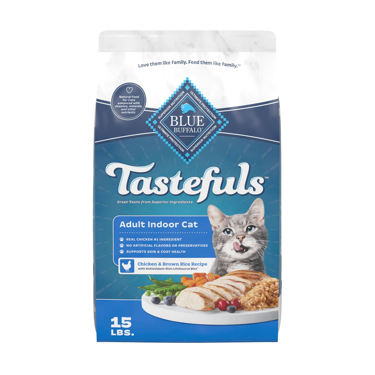 Blue Buffalo Tastefuls para gatos de interior, pollo y arroz como proteína principal.