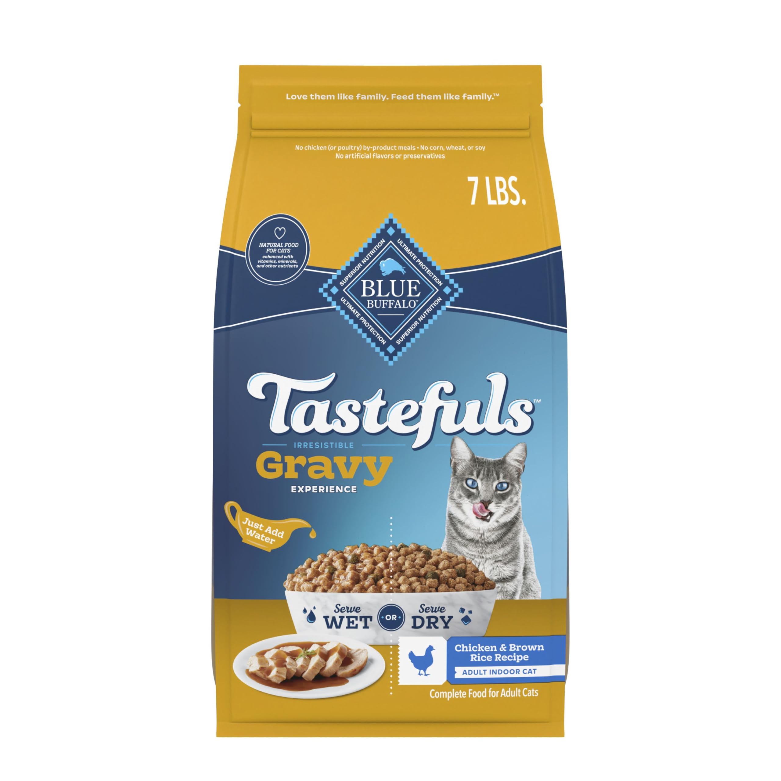 Blue Buffalo Tastefuls Gravy Experience en envase de 7 libras, ideal para alimentar gatos adultos.