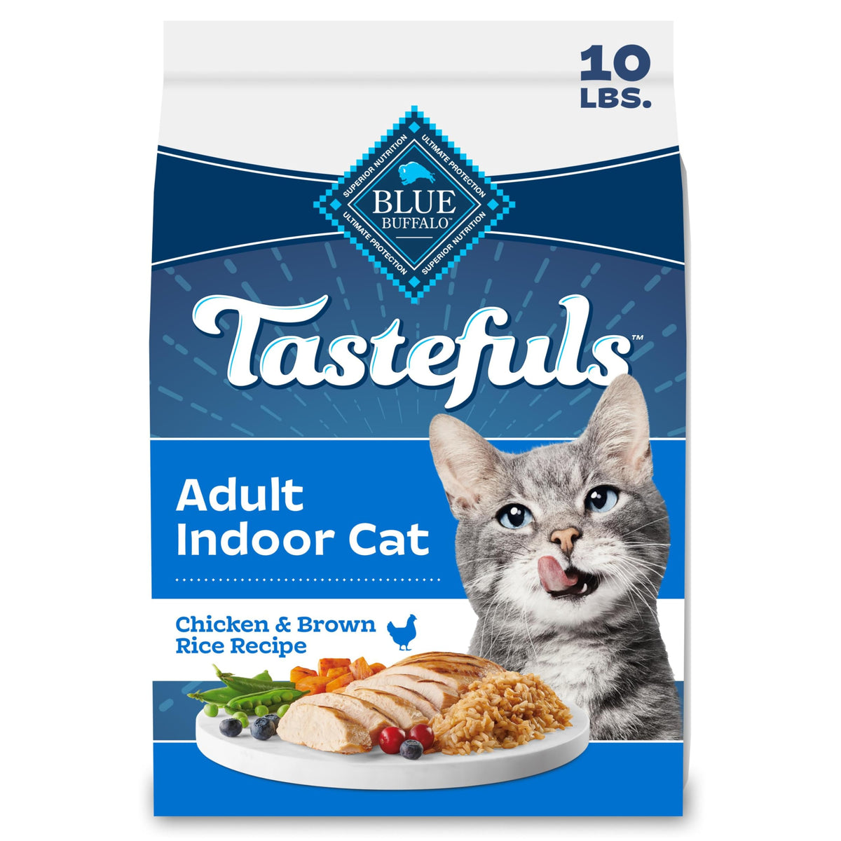 Blue Buffalo Tastefuls con pollo real y arroz para gato adulto interior, delicioso y natural.