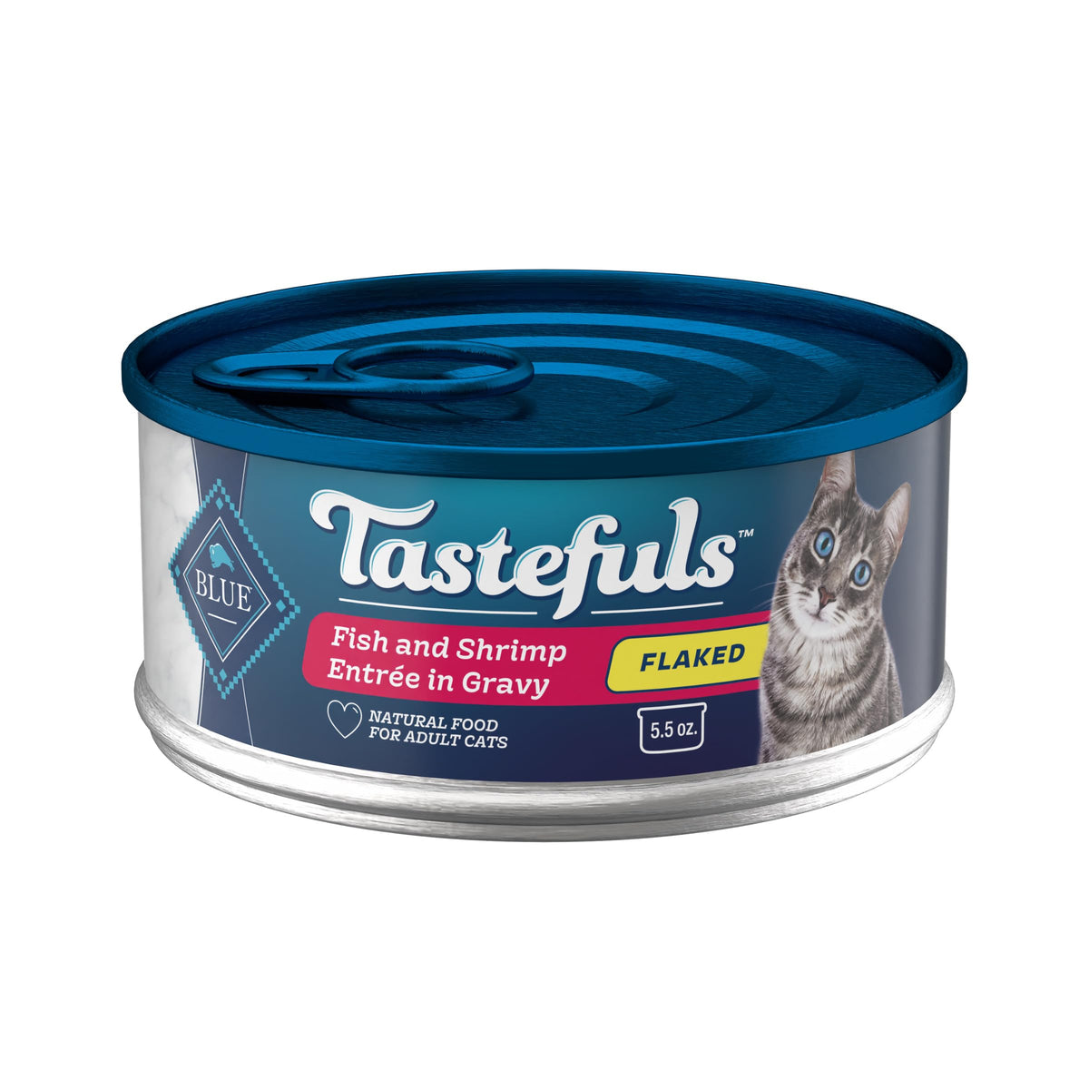Blue Buffalo Tastefuls en lata con pescado y camarones en gravy para hidratación diaria y sabor.