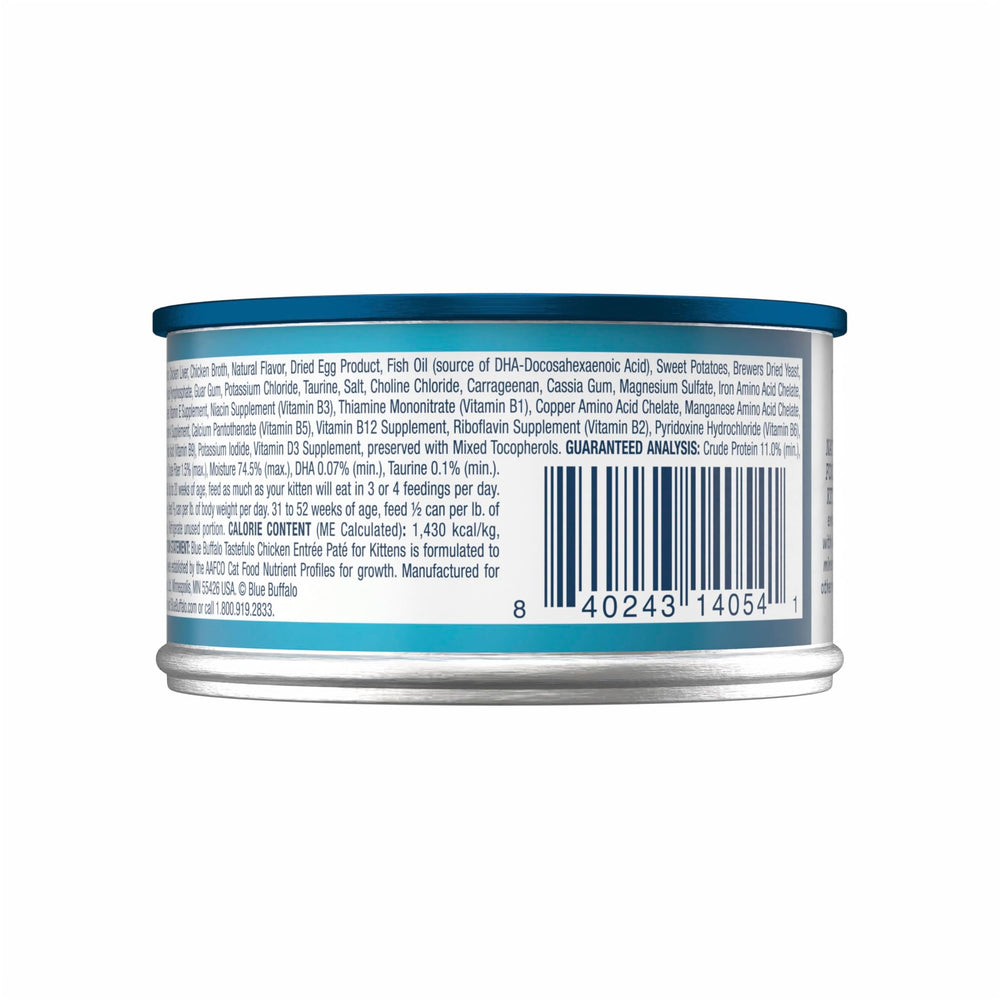 Blue Buffalo Tastefuls Paté para gatitos, lata abierta con pollo real