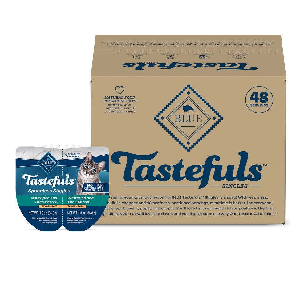 Blue Buffalo Tastefuls Paté sin cuchara, porciones listas para comer sin utensilios.
