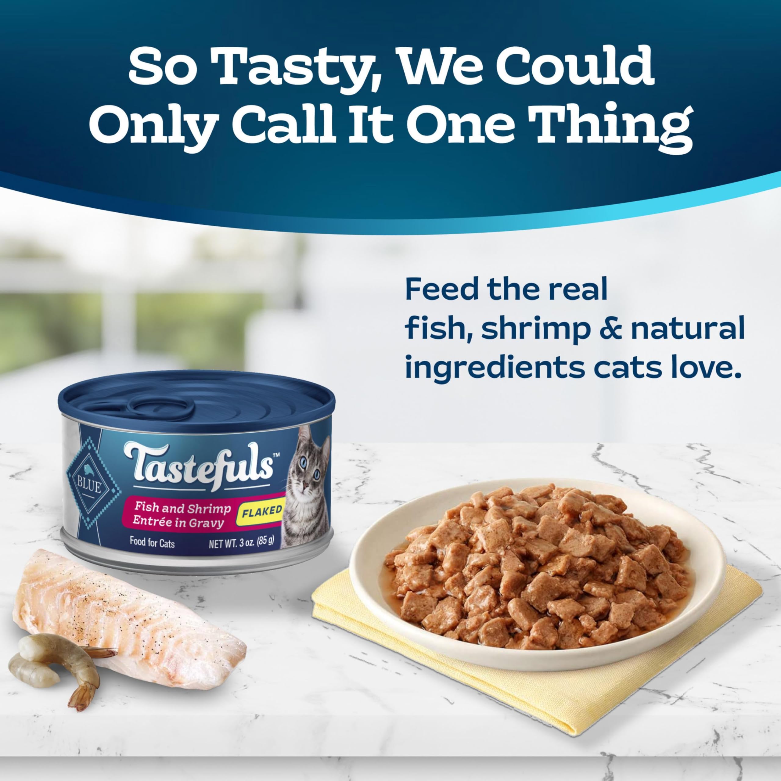 Pescado real como primer ingrediente en Blue Buffalo Tastefuls para gusto natural.