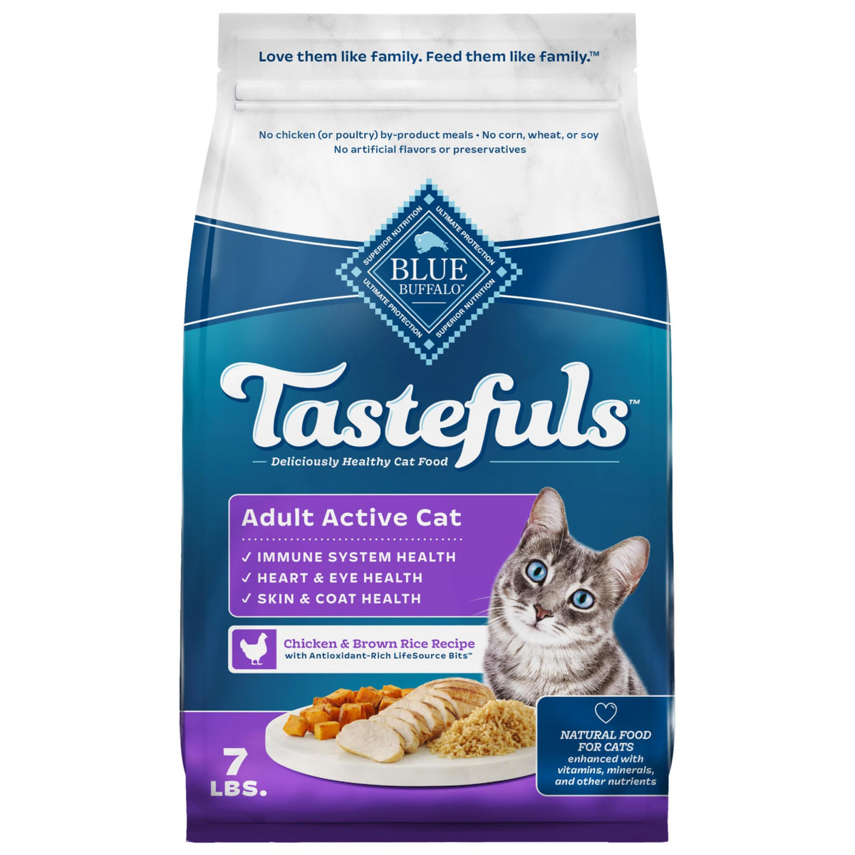 Blue Buffalo Tastefuls con pollo-arroz, ingrediente principal para gatos activos.