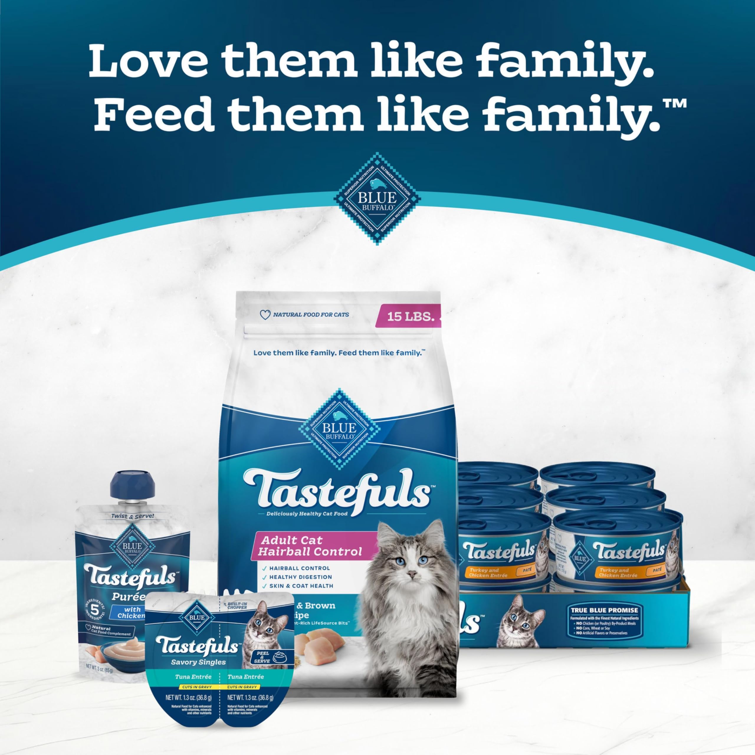 Blue Buffalo Tastefuls pollo deshuesado principal ofrece fuente proteica para gatos adultos.