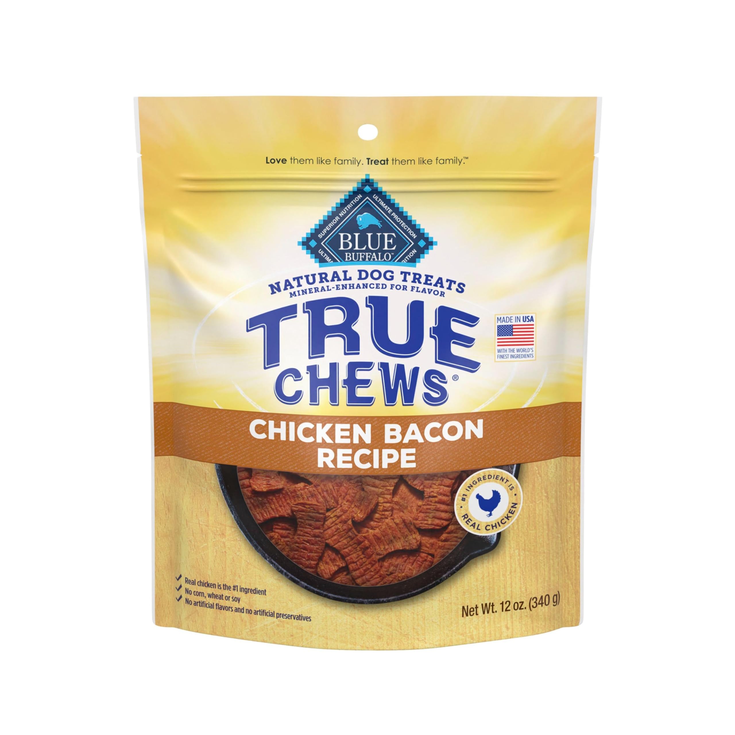 Blue Buffalo True Chews con pollo real en bolsa 12 oz, recompensa sabrosa para perros.