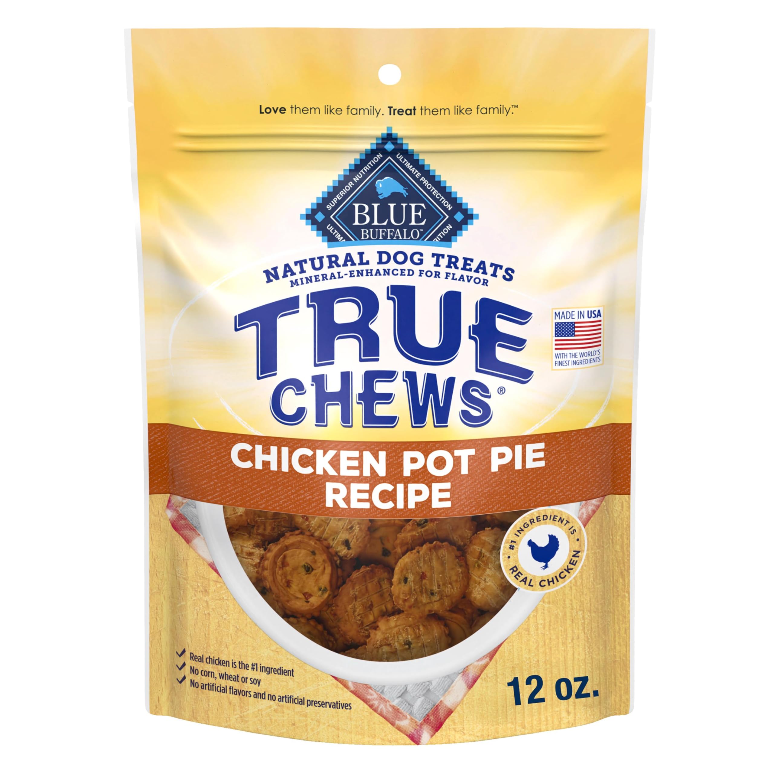 Blue Buffalo True Chews chicken pot pie bag showing real ingredients for healthy rewards