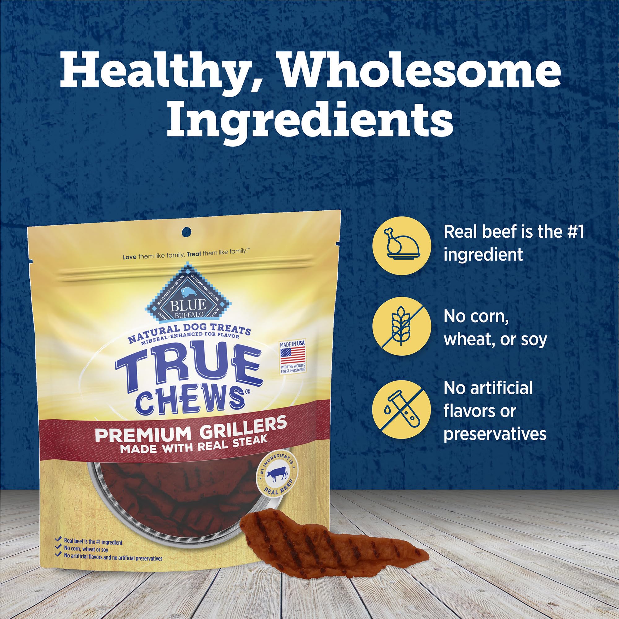 Blue Buffalo True Chews Grillers, etiqueta clara destacando propiedades y sabor