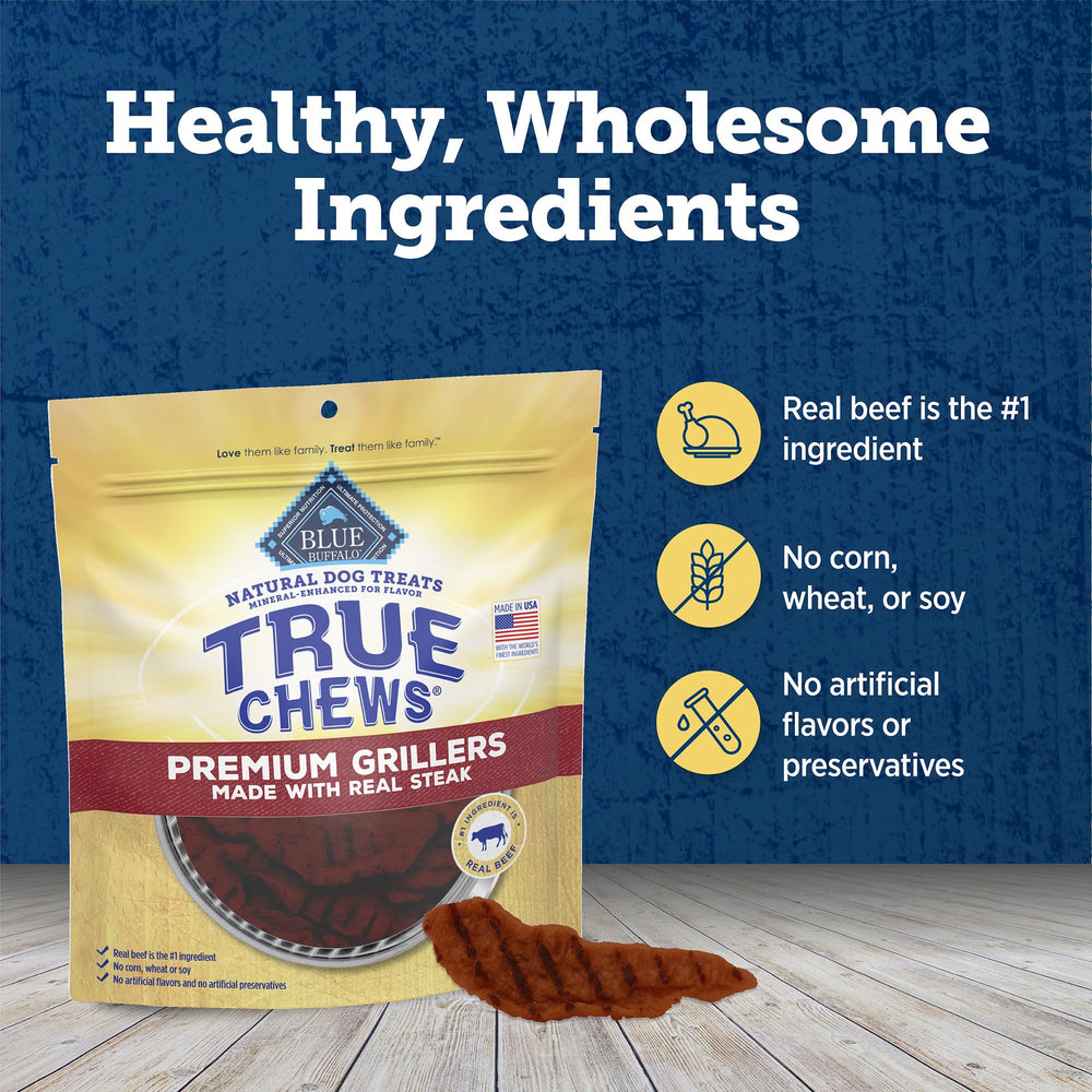Blue Buffalo True Chews Grillers, etiqueta clara destacando propiedades y sabor