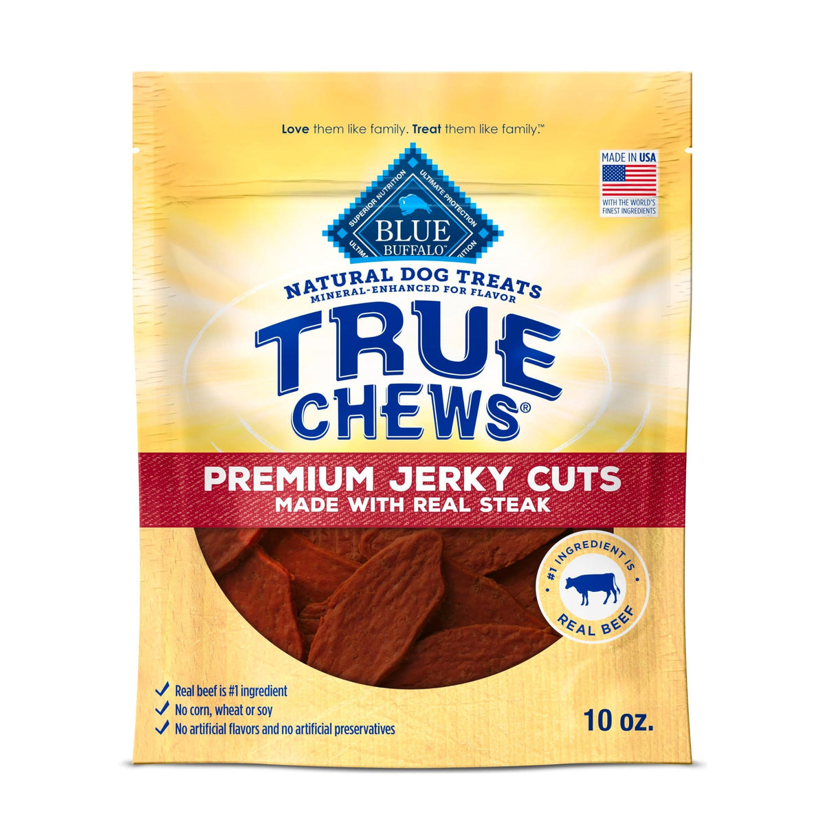Blue Buffalo True Chews Jerky Cuts beef flavor for dogs' daily rewards.