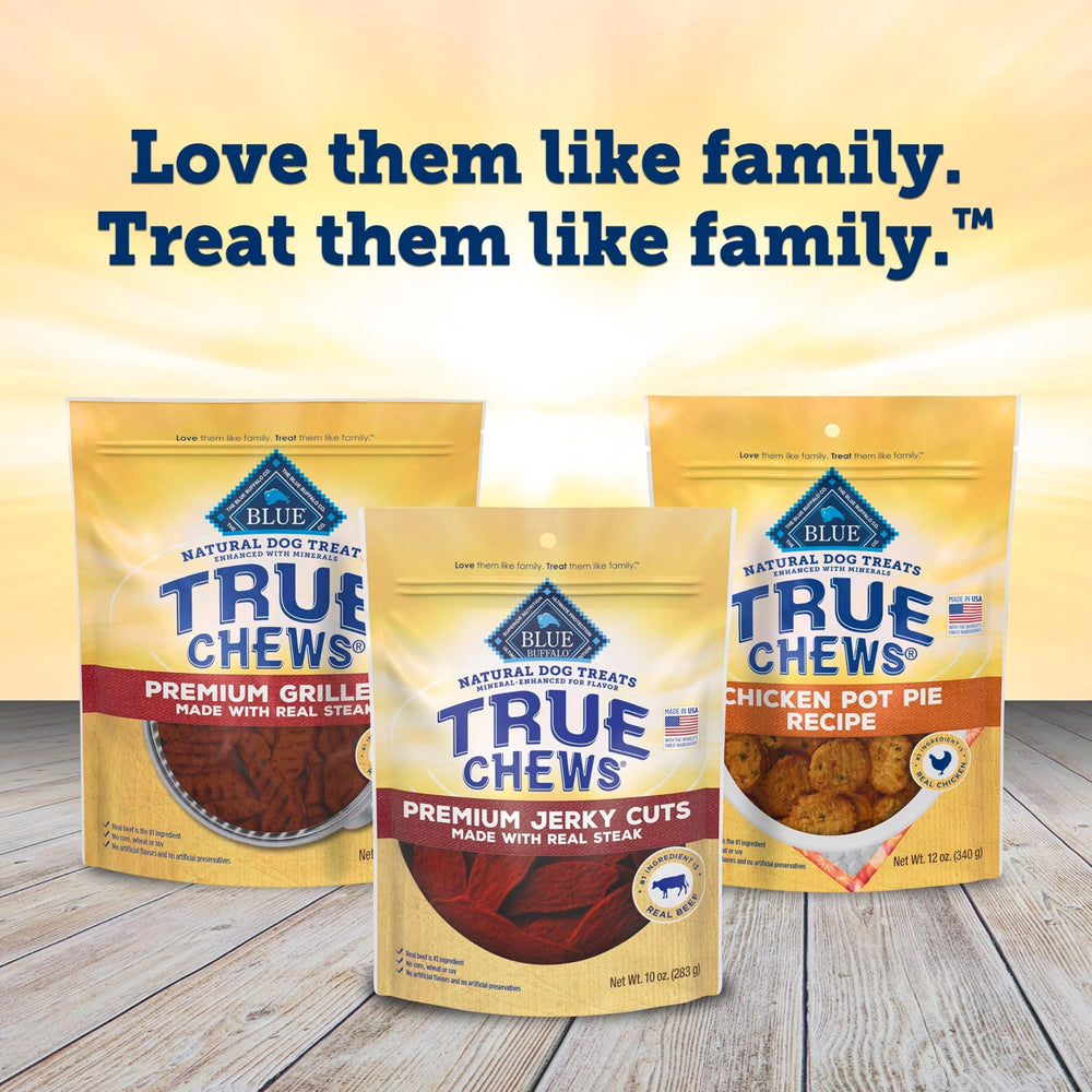 Blue Buffalo True Chews Jerky Cuts steak recipe for savory bites during walks.