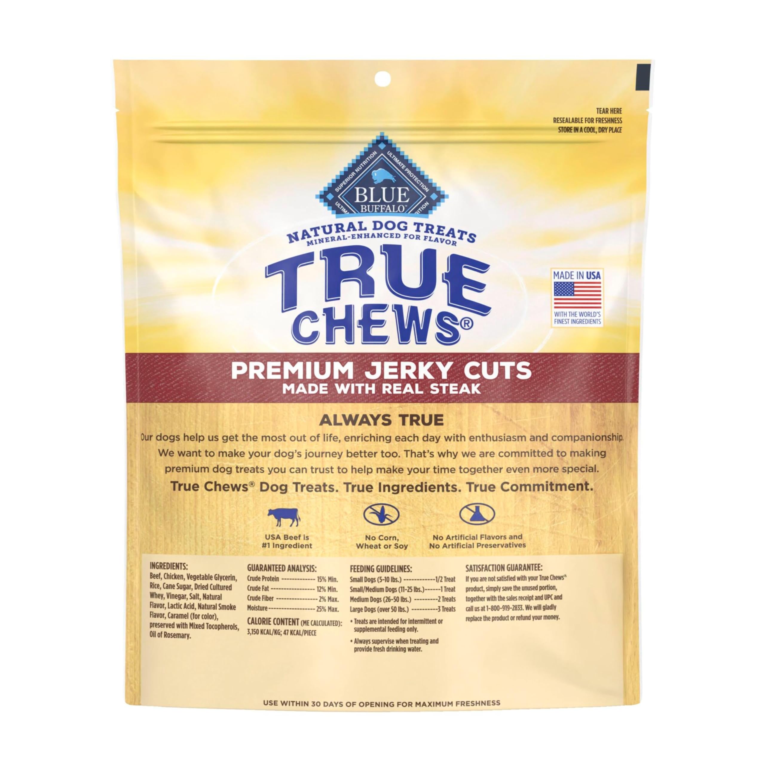 Blue Buffalo True Chews Jerky Cuts tender pieces ideal for training.
