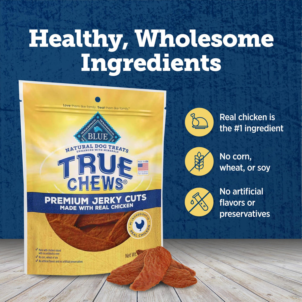 Blue Buffalo True Chews paquete de cuatro onzas ideal para compartir.