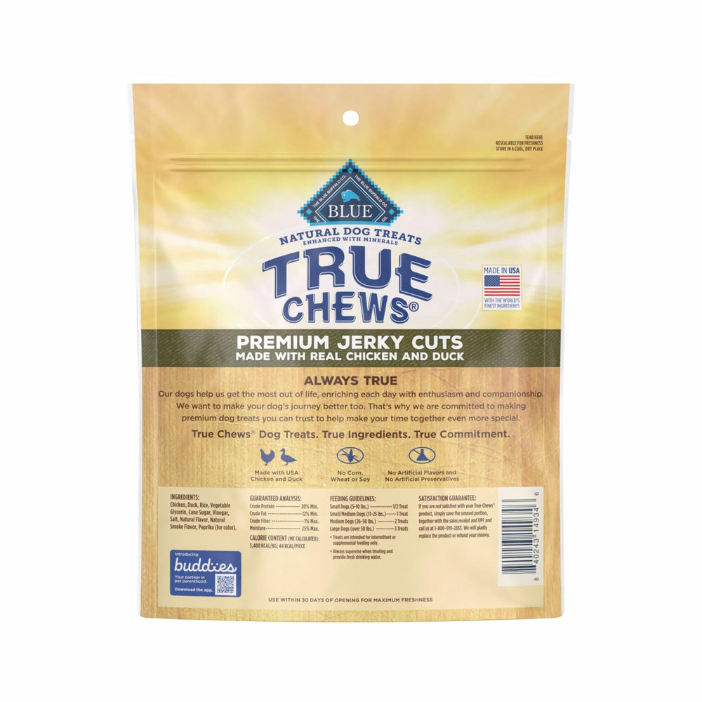 Blue Buffalo True Chews pato, etiqueta de ingredientes, opción natural para recompensas sin conservantes.