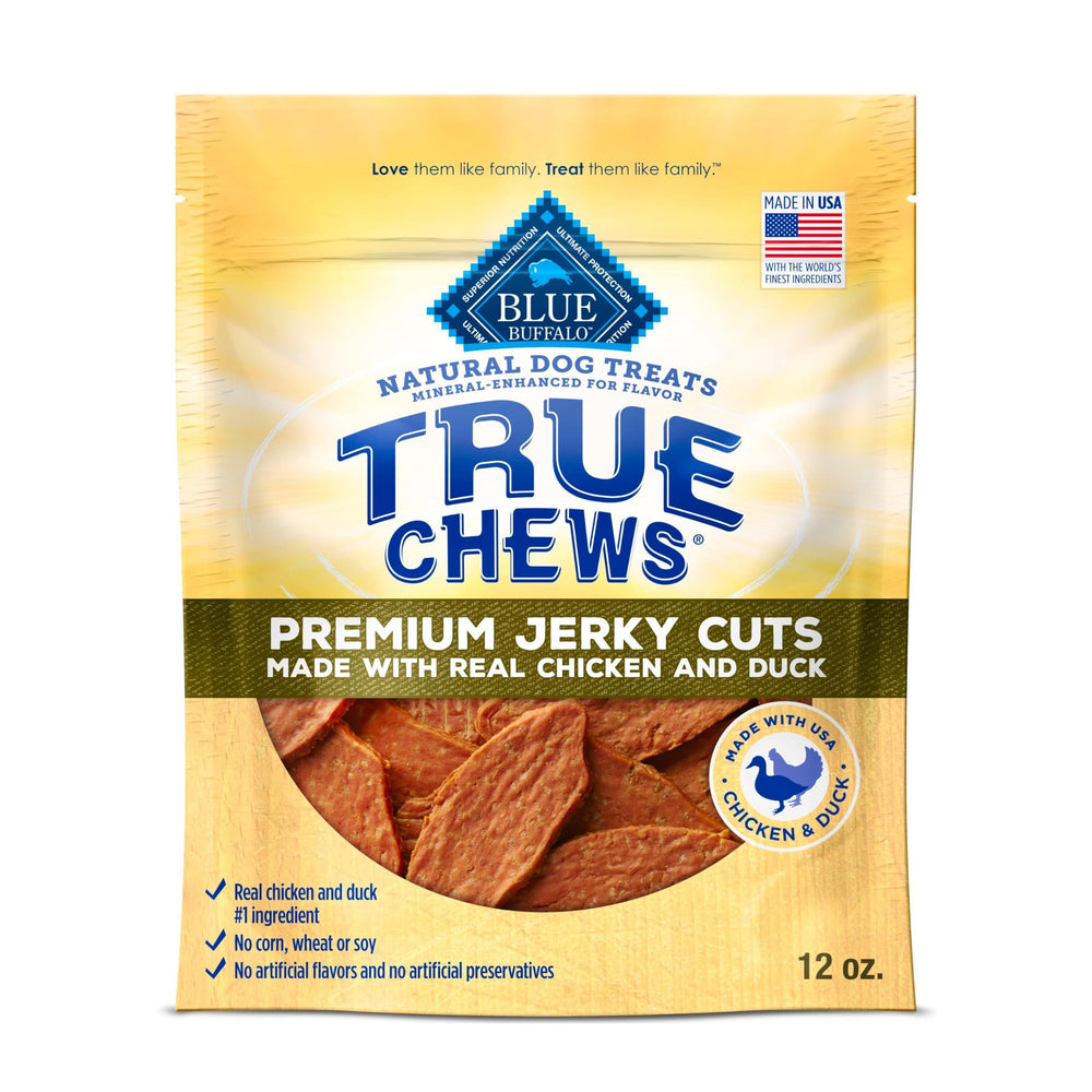 Blue Buffalo True Chews pato, frente del empaque, sabor real que entusiasma a perros.