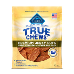 Blue Buffalo True Chews pato, frente del empaque, sabor real que entusiasma a perros.