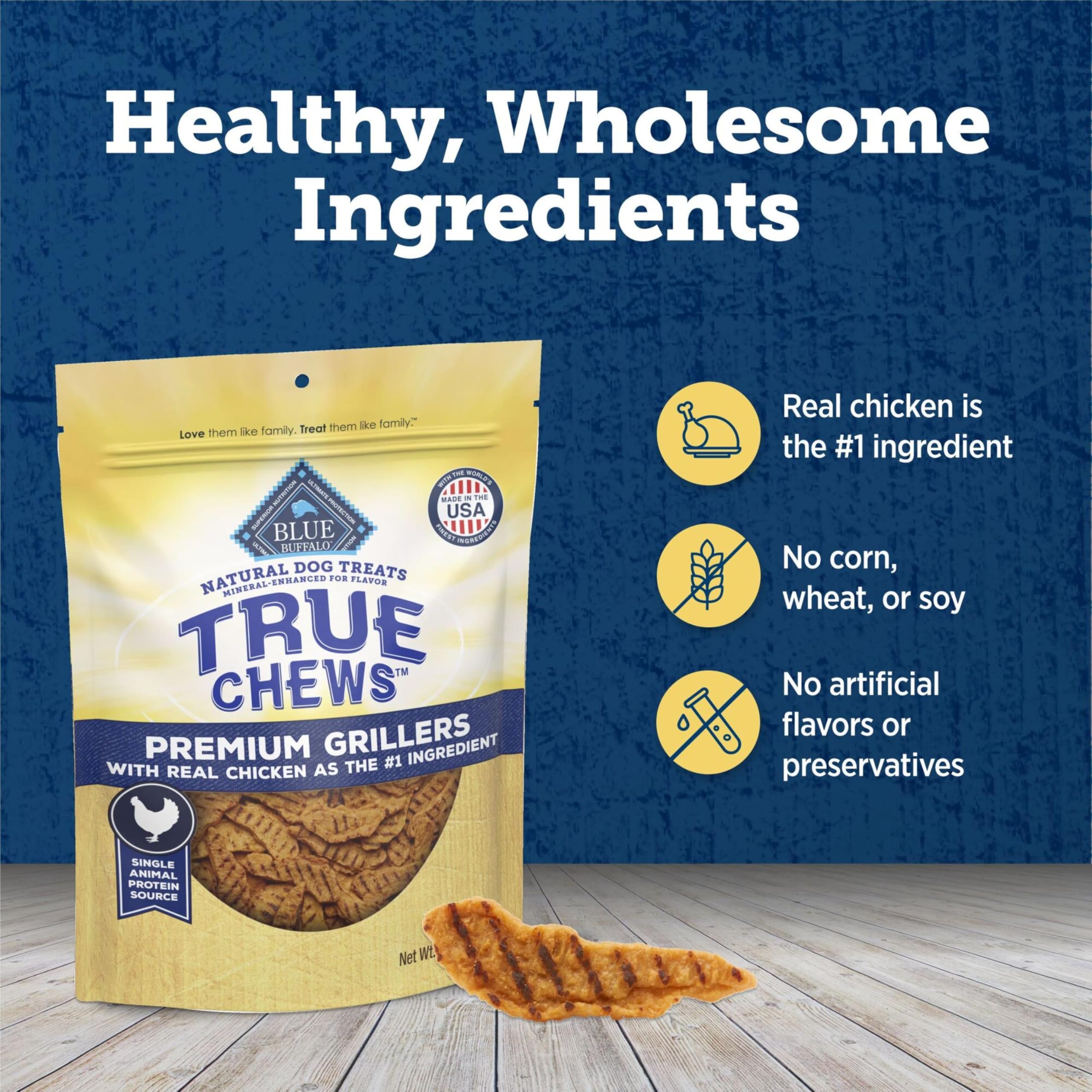 Blue Buffalo True Chews Premium Grillers para recompensas durante el adiestramiento diario.