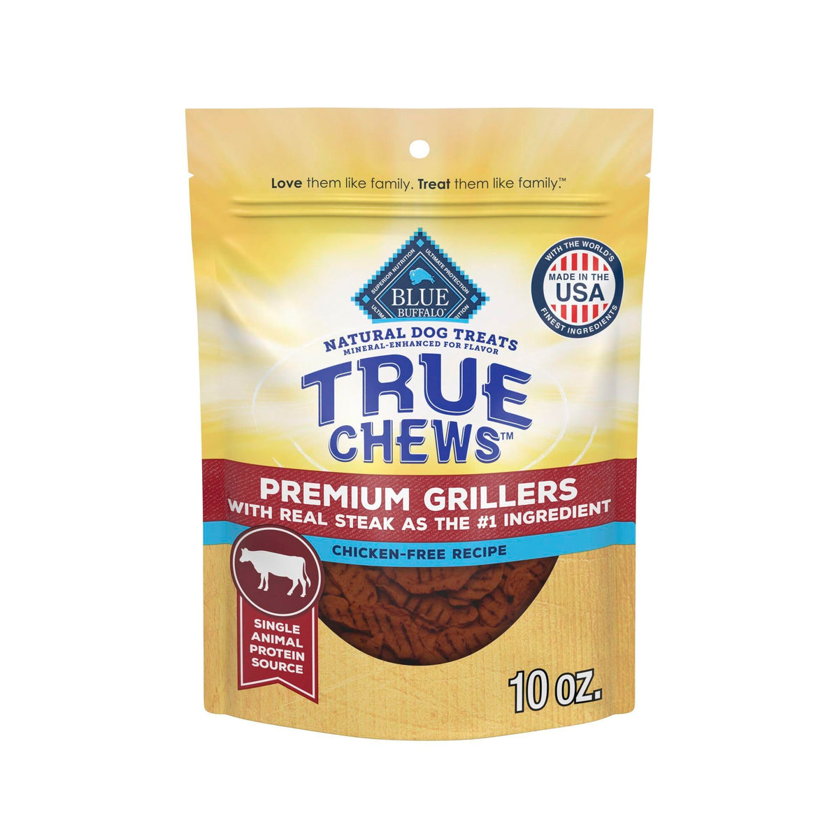 Blue Buffalo True Chews Premium Grillers steak bag features real beef for a savory reward