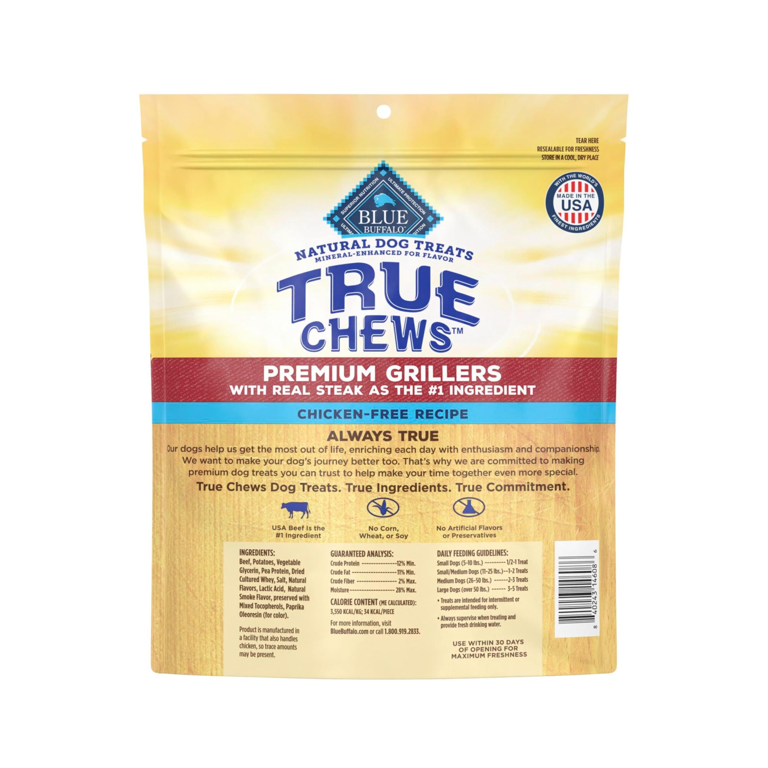 Blue Buffalo True Chews Premium Grillers textura tierna, ideal para recompensas diarias.