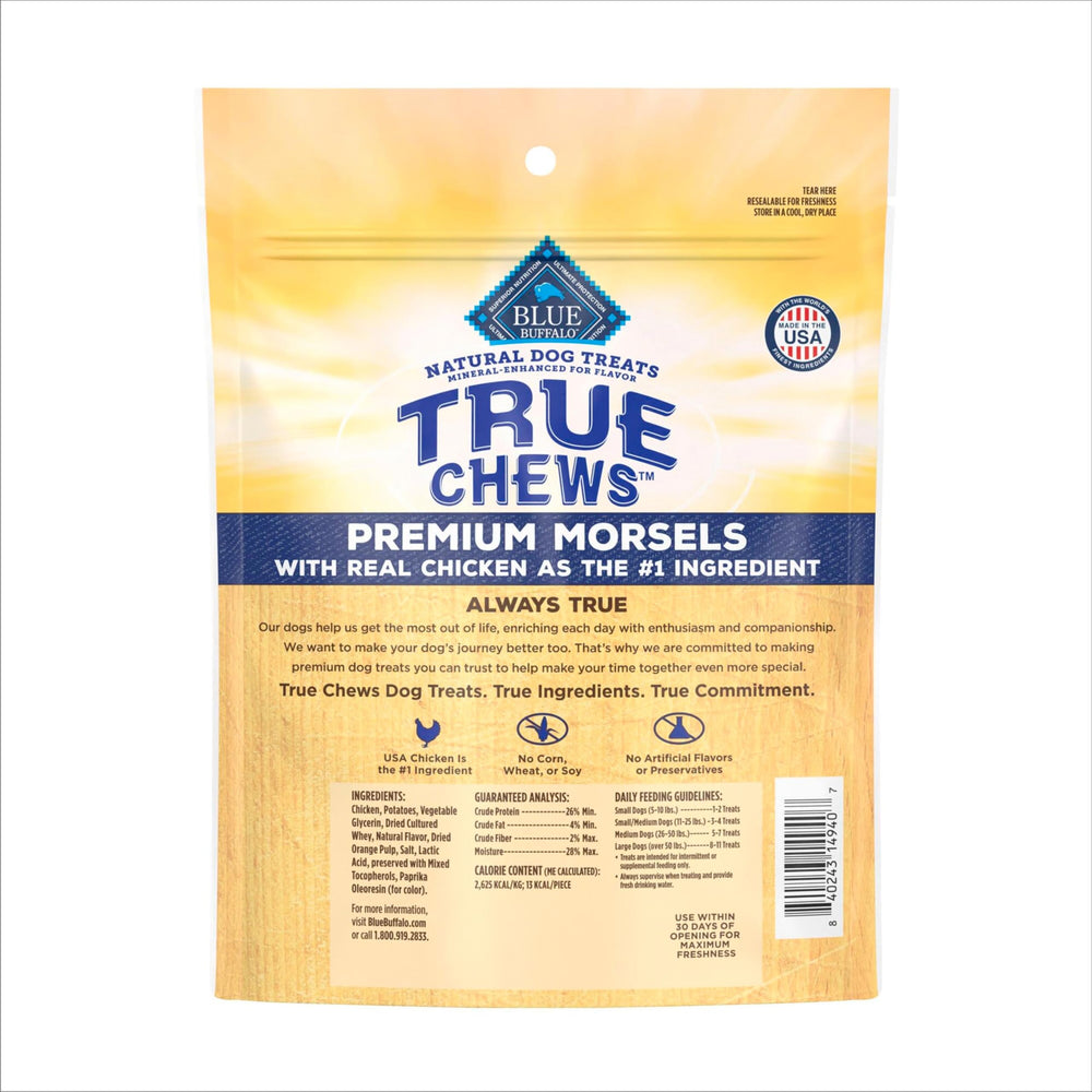 Blue Buffalo True Chews bag front highlighting chicken morsels for everyday treats.