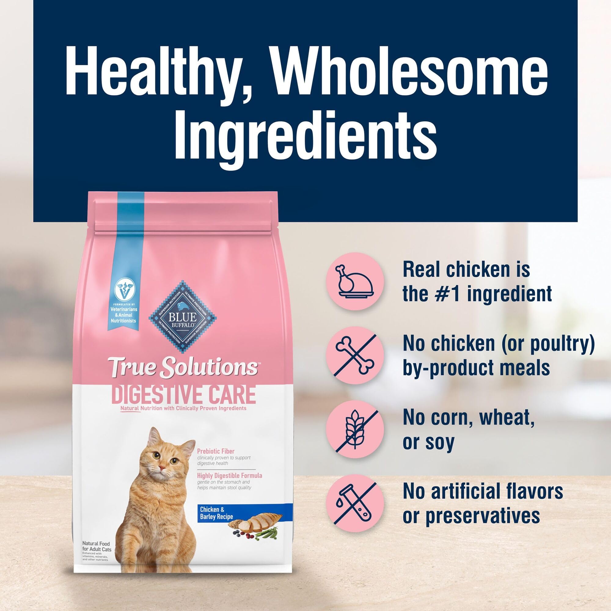 Blue Buffalo True Solutions Digestive Care: pollo real, primer ingrediente, para satisfacer el paladar del gato.