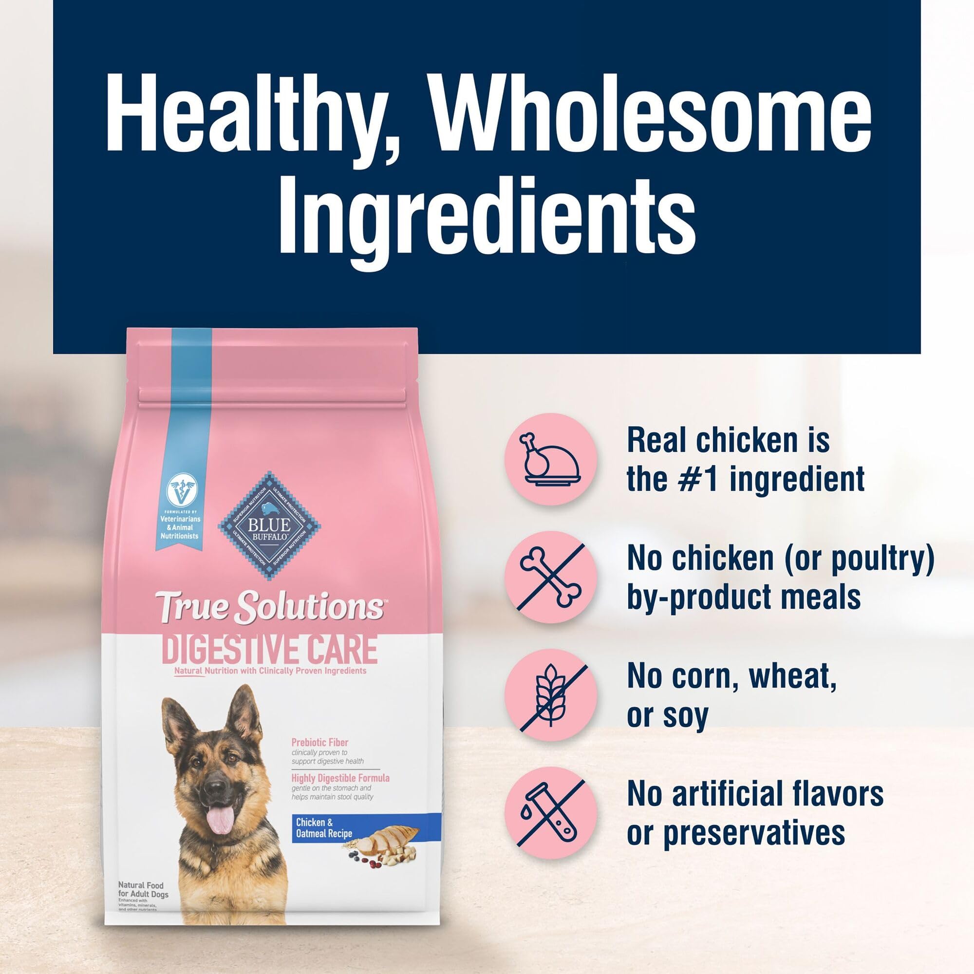 Blue Buffalo True Solutions Digestive Care: sin subproductos de pollo para una composición más limpia.