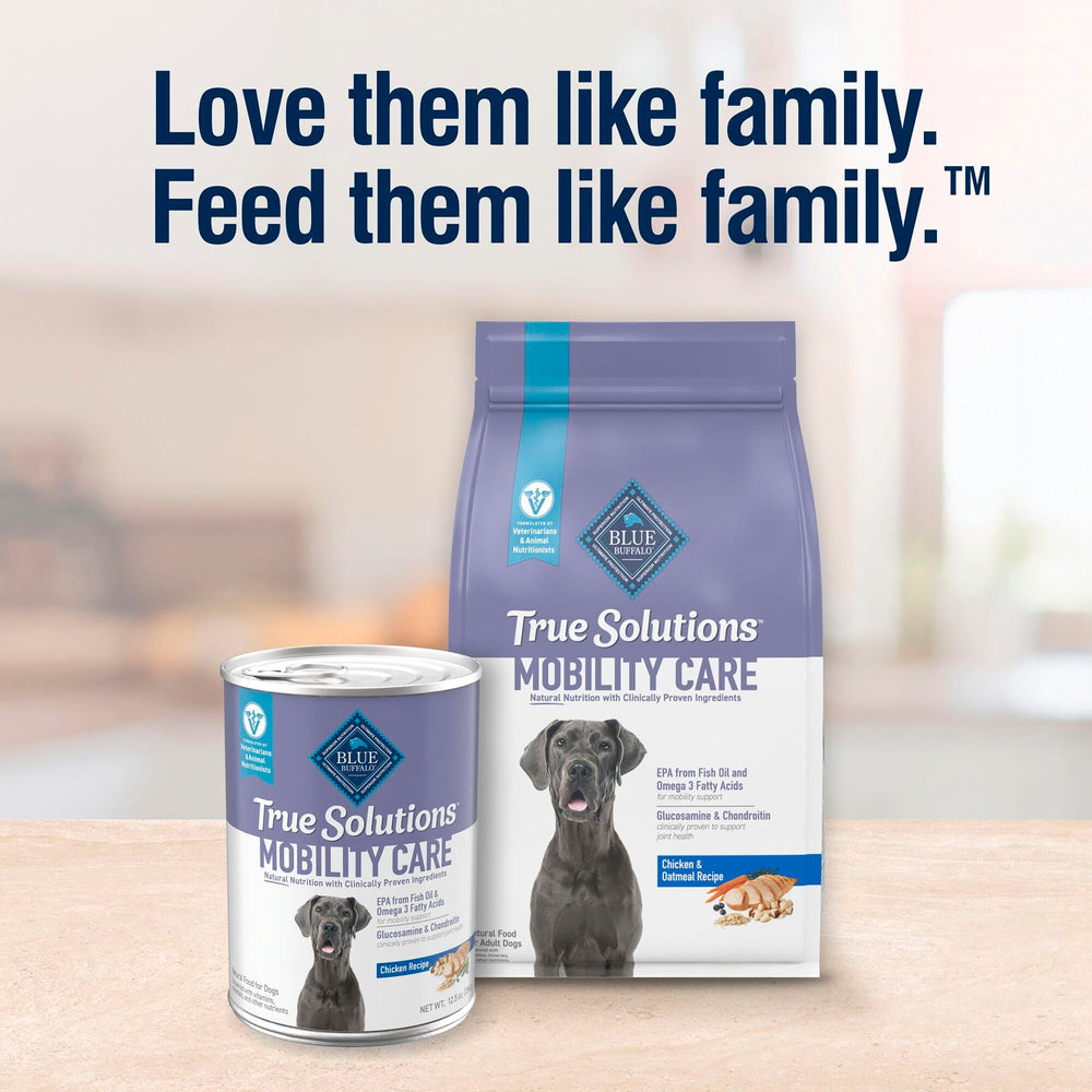 Blue Buffalo True Solutions Mobility Care dieta natural para perros adultos activos con pollo real.