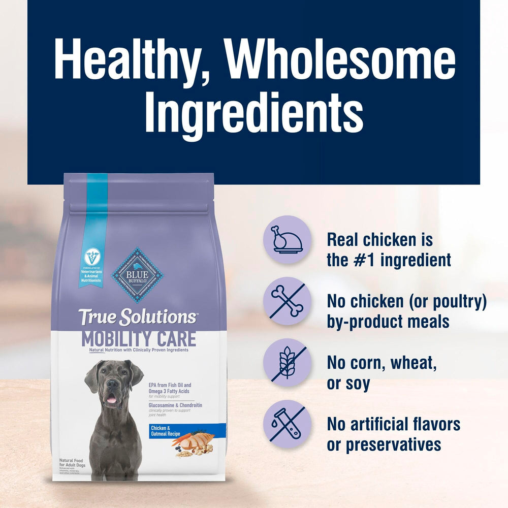 Blue Buffalo True Solutions Mobility Care sin subproductos de pollo, dieta más limpia.