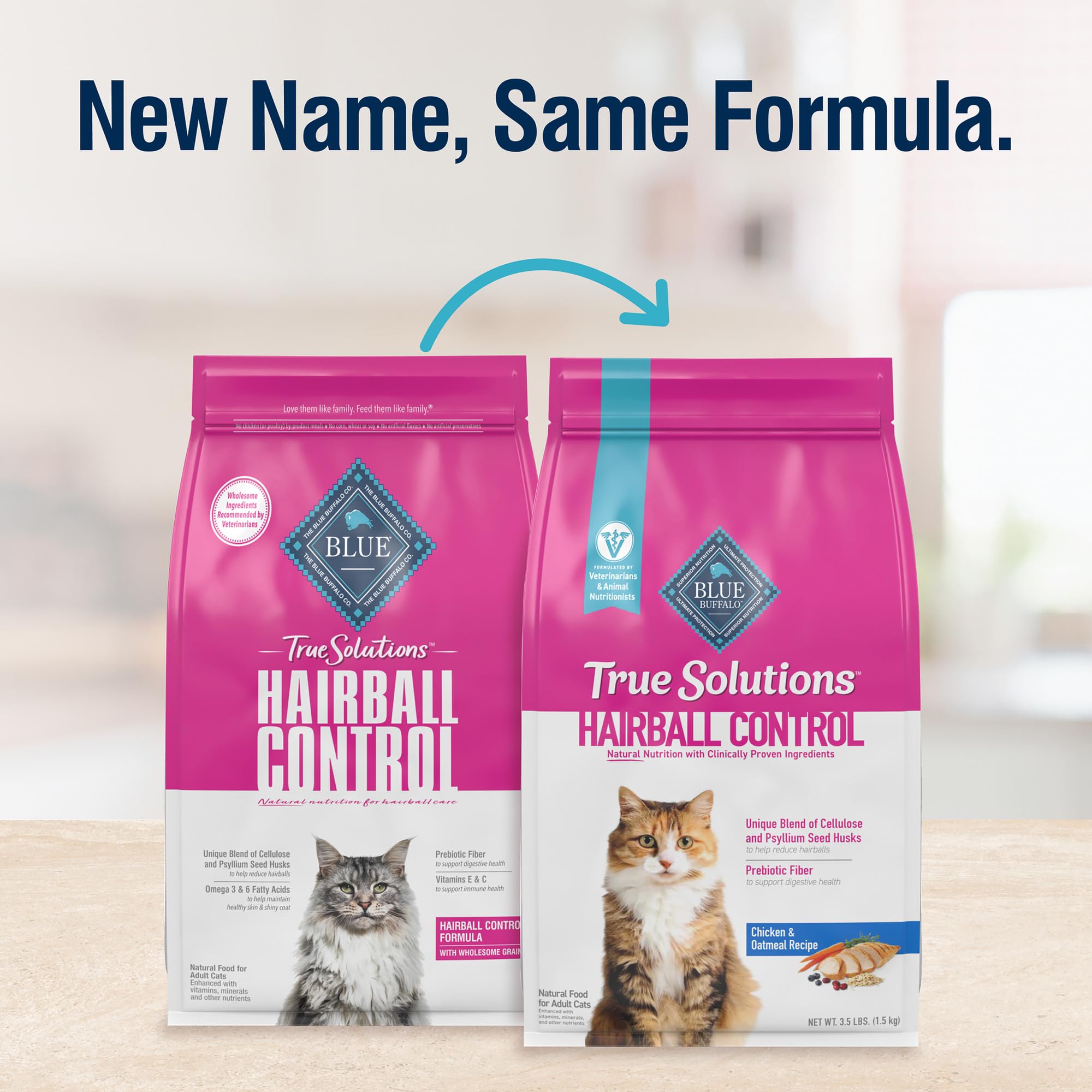 Blue Buffalo True Solutions Hairball Control pollo real como primer ingrediente para gatos fuertes y saludables.