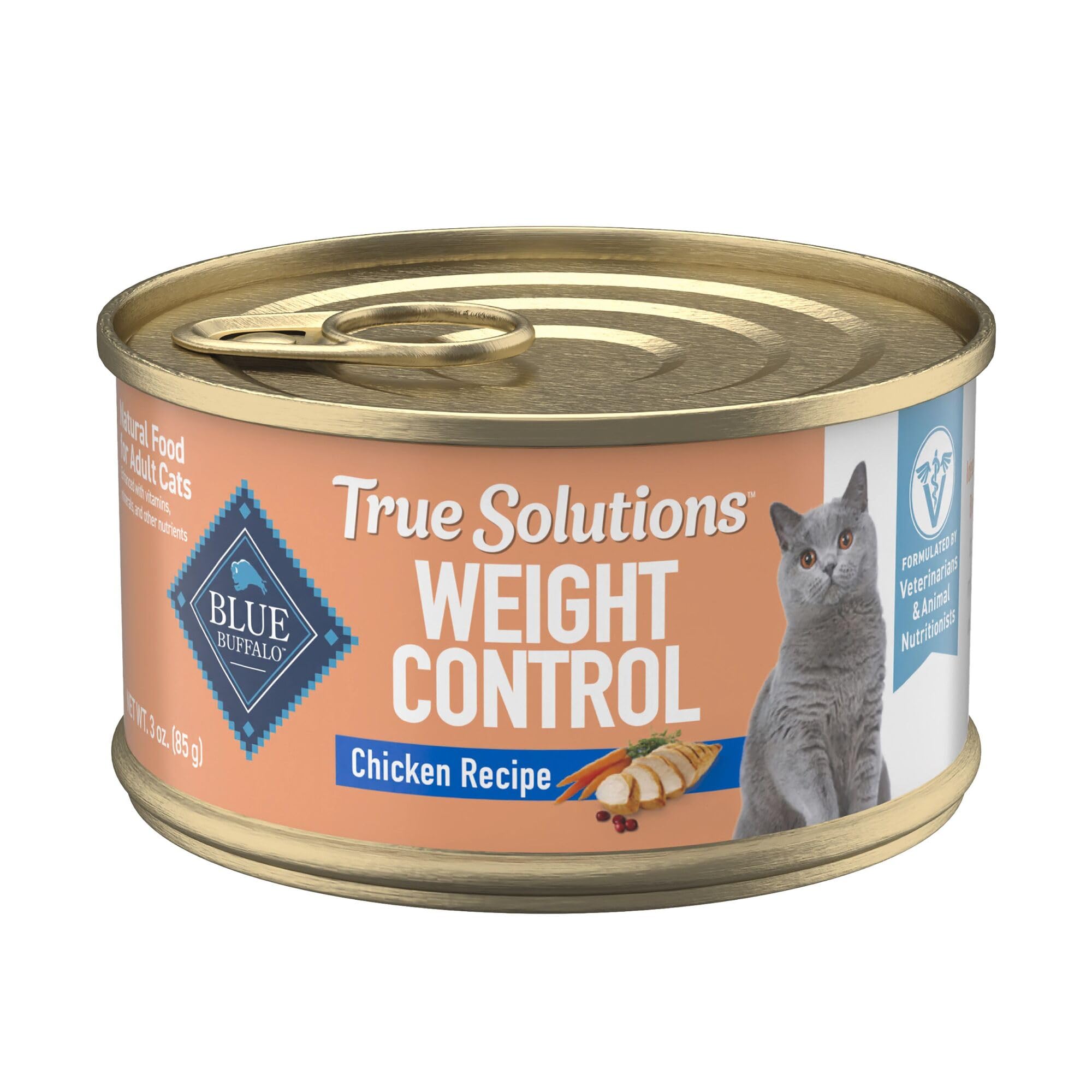 Blue Buffalo True Solutions con pollo real como ingrediente principal en lata de 3 oz
