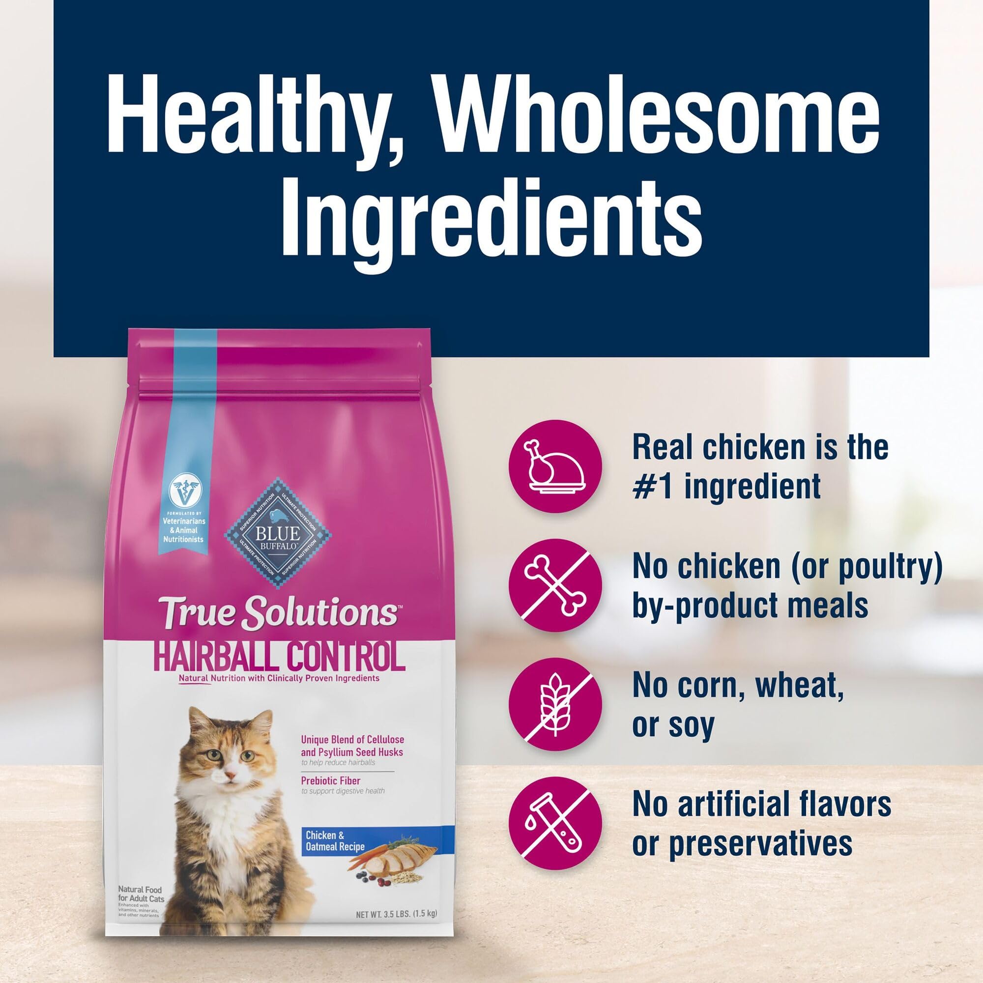 Blue Buffalo True Solutions Hairball Control sin maíz trigo ni soja, opción natural.