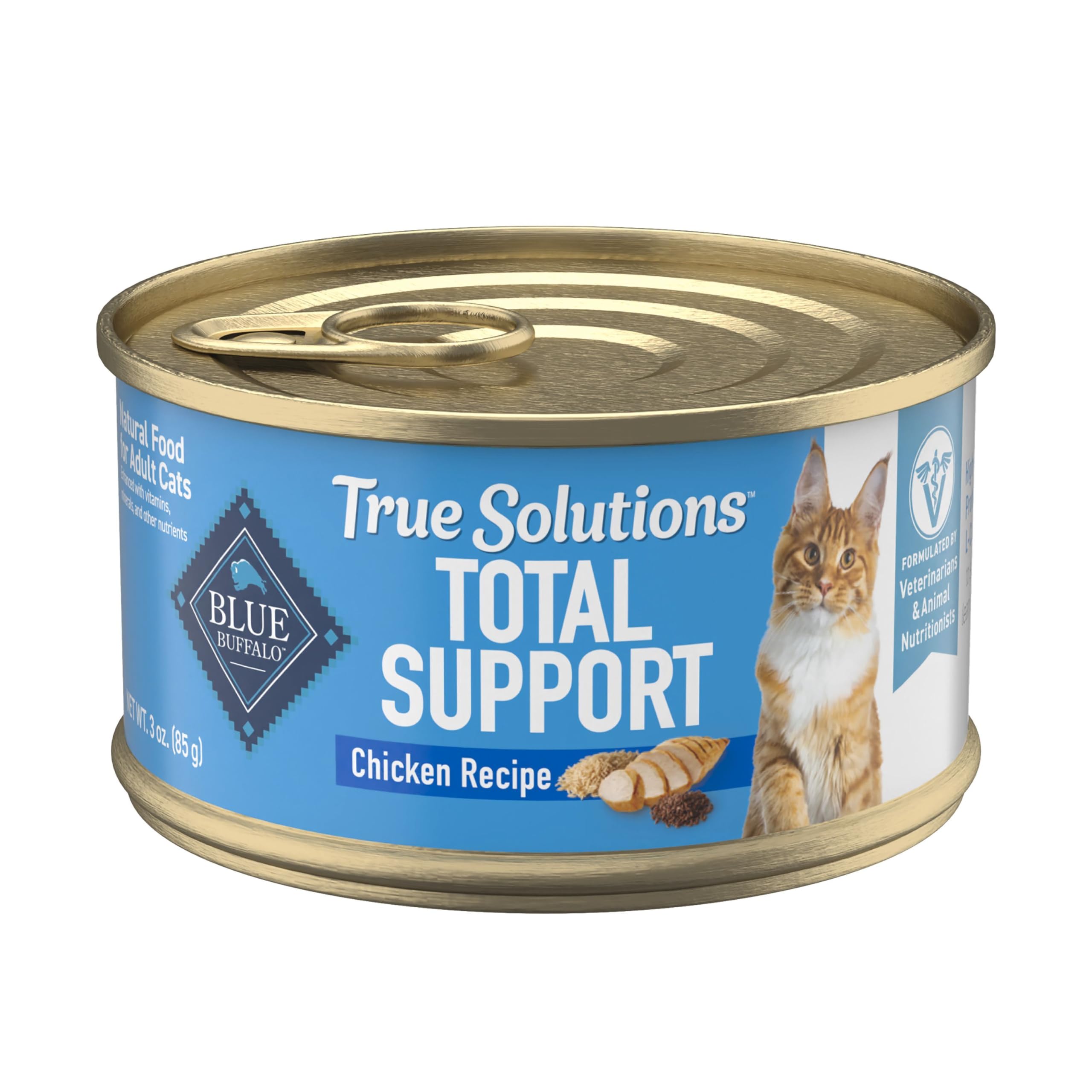 Blue Buffalo True Solutions: lata-pollo-tres-onzas para gatos, favorece digestión saludable.