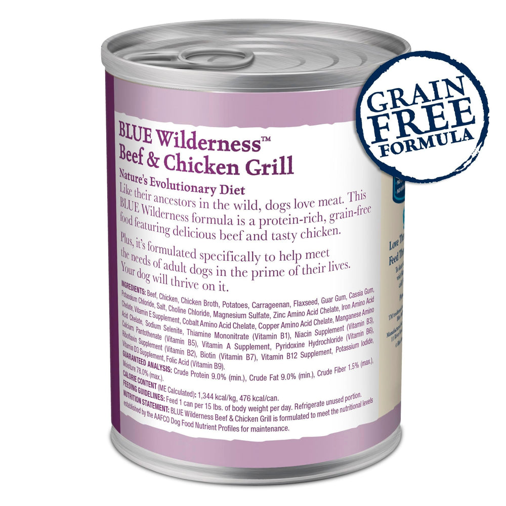 Blue Buffalo Wilderness alta proteína, alimento húmedo sin granos para perros activos.