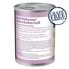 Blue Buffalo Wilderness alta proteína, alimento húmedo sin granos para perros activos.