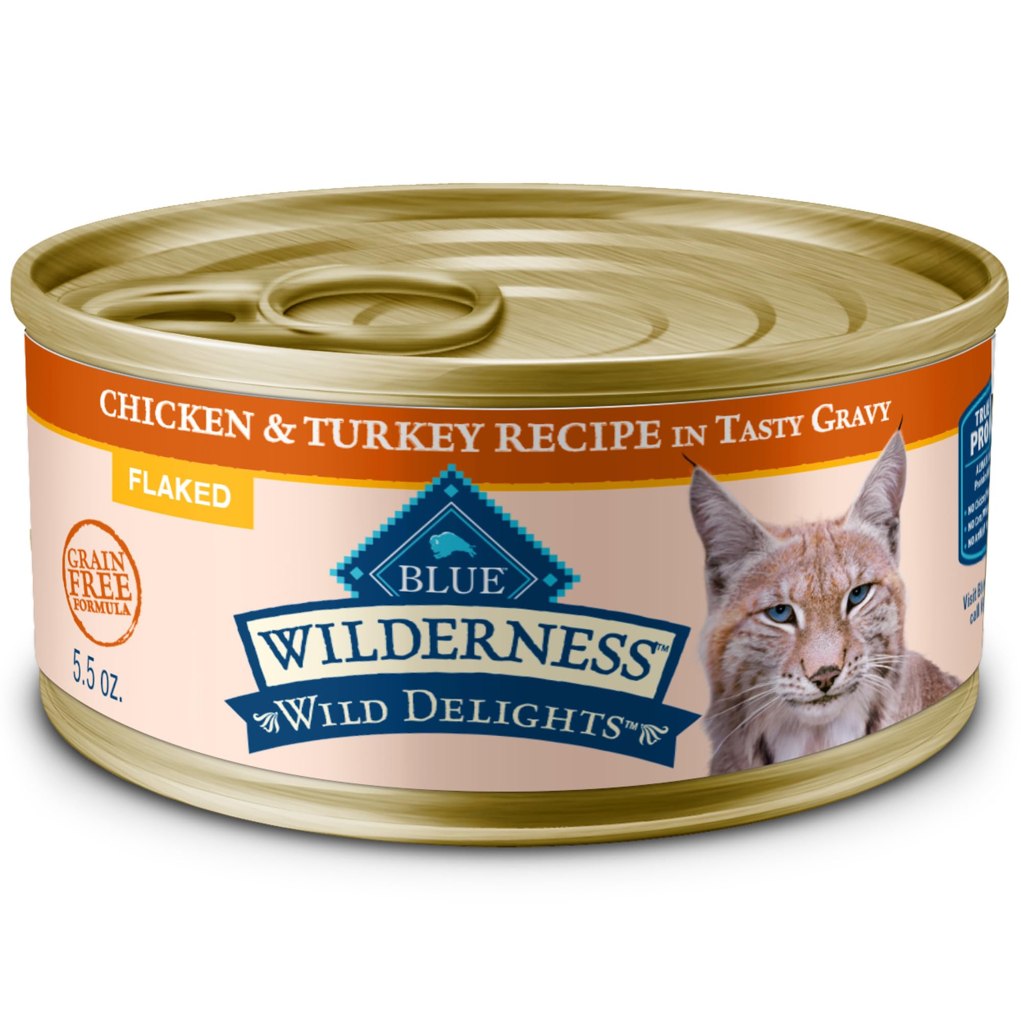 Blue Buffalo Wilderness Delights: lata de pollo y pavo en salsa sabrosa para gatos activos.