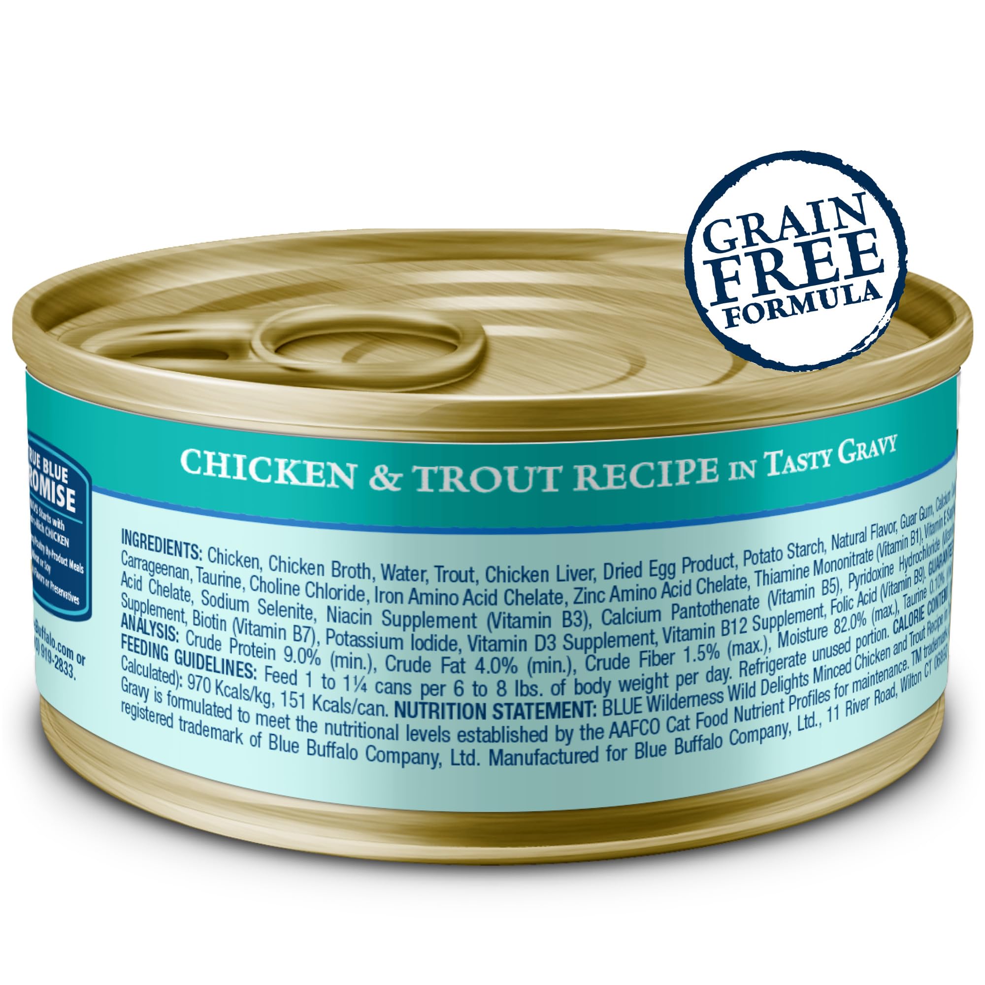 Blue Buffalo Wilderness Delights, textura picada en salsa, ideal para gatos activos.