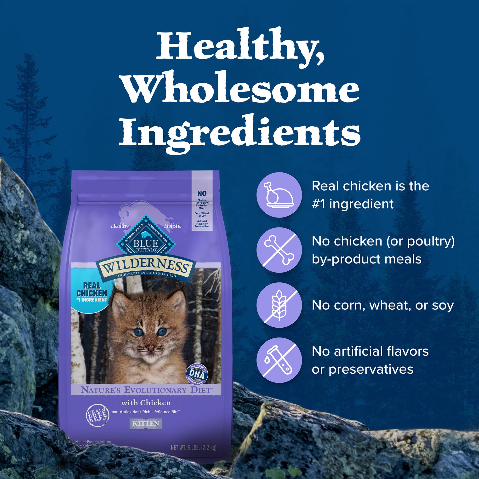 Blue Buffalo Wilderness Gatito: bolsa de 5 libras para uso diario práctico.